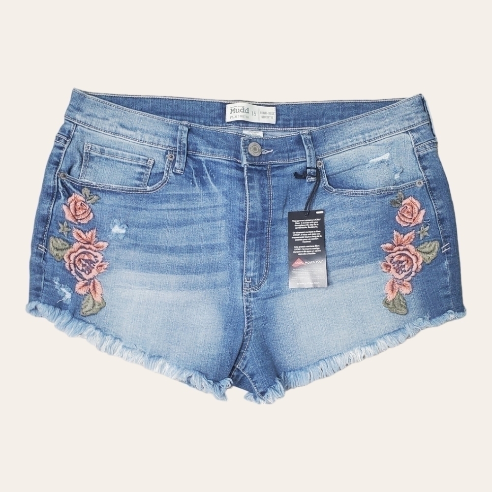 MUDD Embroidered High Rise Jean Shorts - Picture 3 of 6